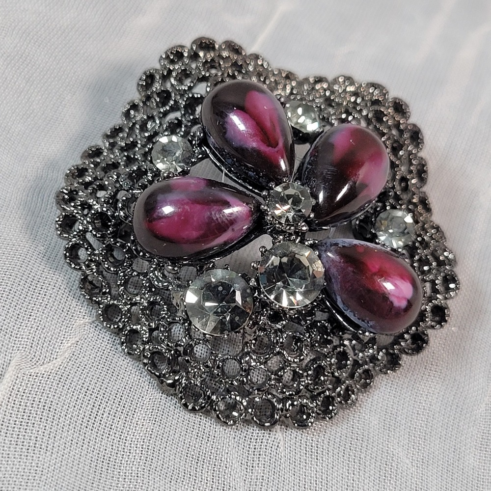 Gunmetal Black Purple Rhinestone Floral Filigree Brooch Pin Statement Jewelry